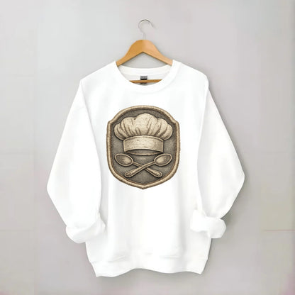 COOKING CHEF HAT - toque blanche with crossed spoons in white and silver , - Crewneck Sweatshirt - white