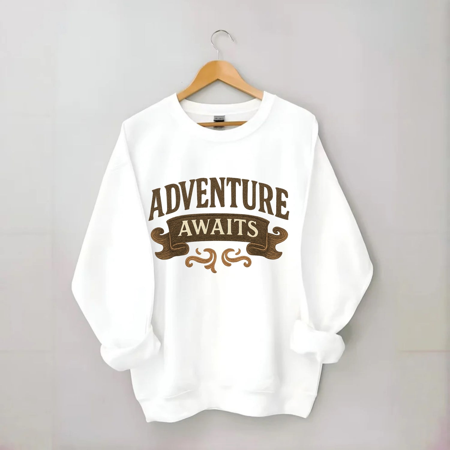 Bold typography design - "ADVENTURE AWAITS" - excitement ahead, ready for - Crewneck Sweatshirt - white
