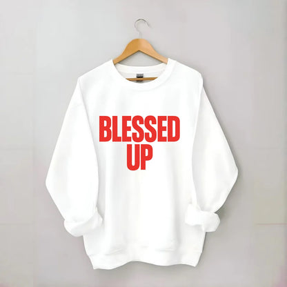Bold typography design - "BLESSED UP" - recognizing fortune - Crewneck Sweatshirt - white