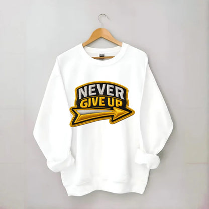 NEVER GIVE UP - bold text with arrow in gold , determination - Crewneck Sweatshirt - white