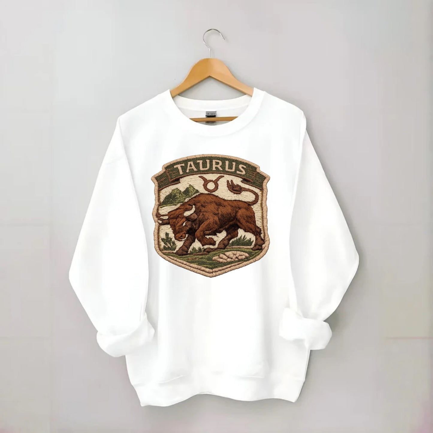 TAURUS BULL - strong bull in brown and green , earth sign - Crewneck Sweatshirt - white
