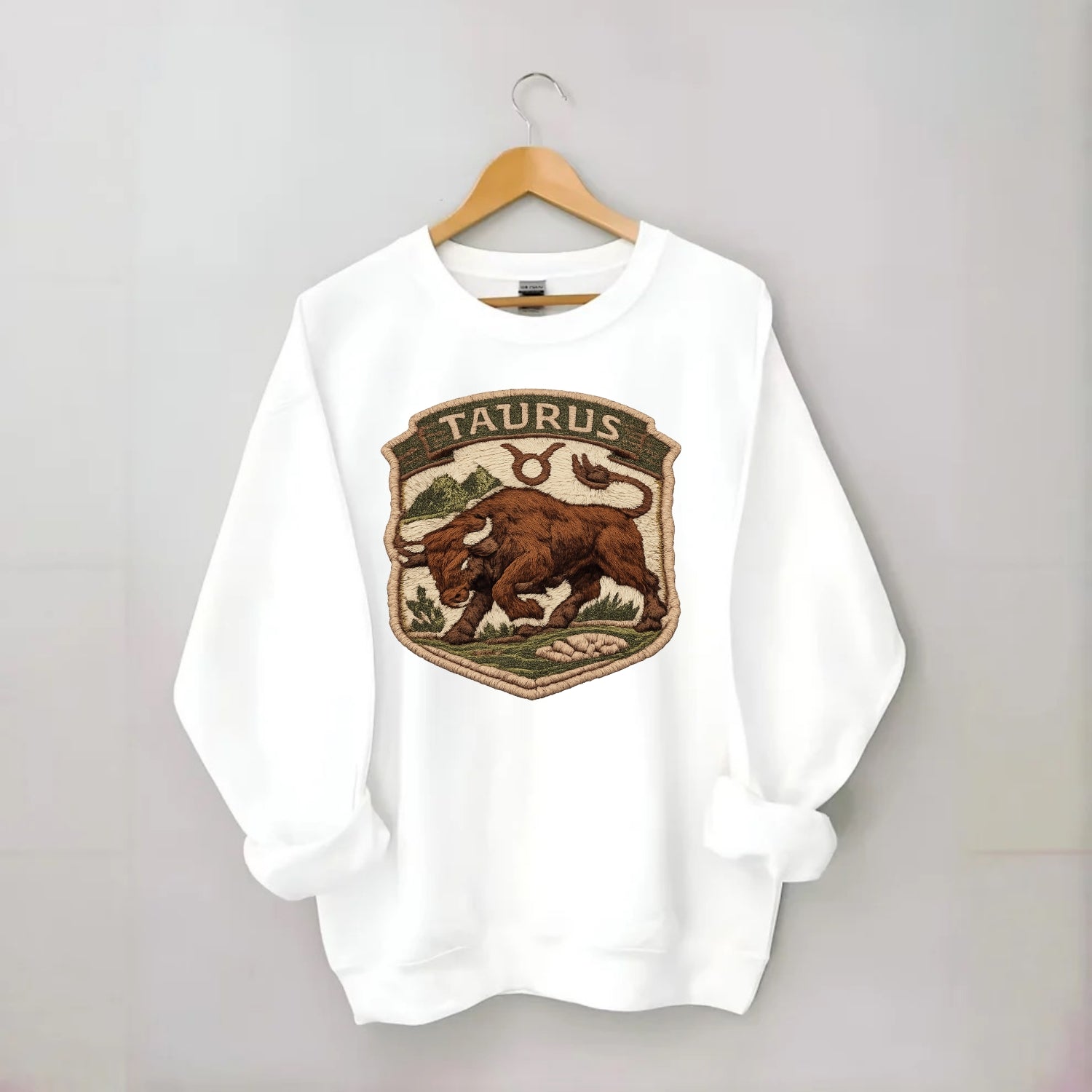 TAURUS BULL - strong bull in brown and green , earth sign - Crewneck Sweatshirt - white