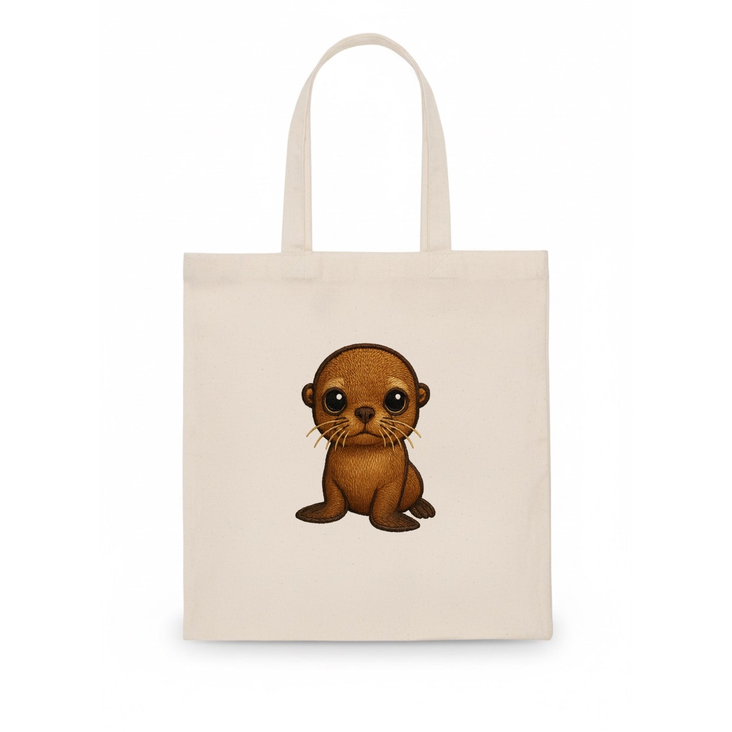 Baby California Sea Lion - golden brown, large expressive eyes, whiskers, front-facing, - Tote Bag - white