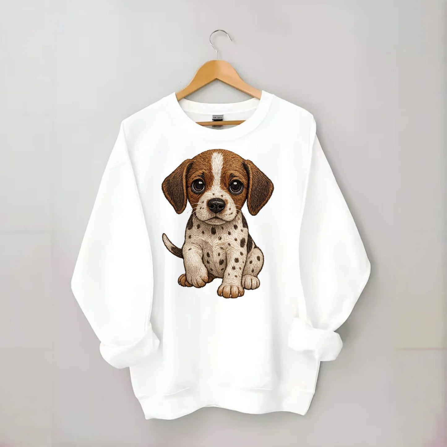 Baby Pointer Puppy - spotted coat, noble stance, alert eyes, front-facing, - Crewneck Sweatshirt - white
