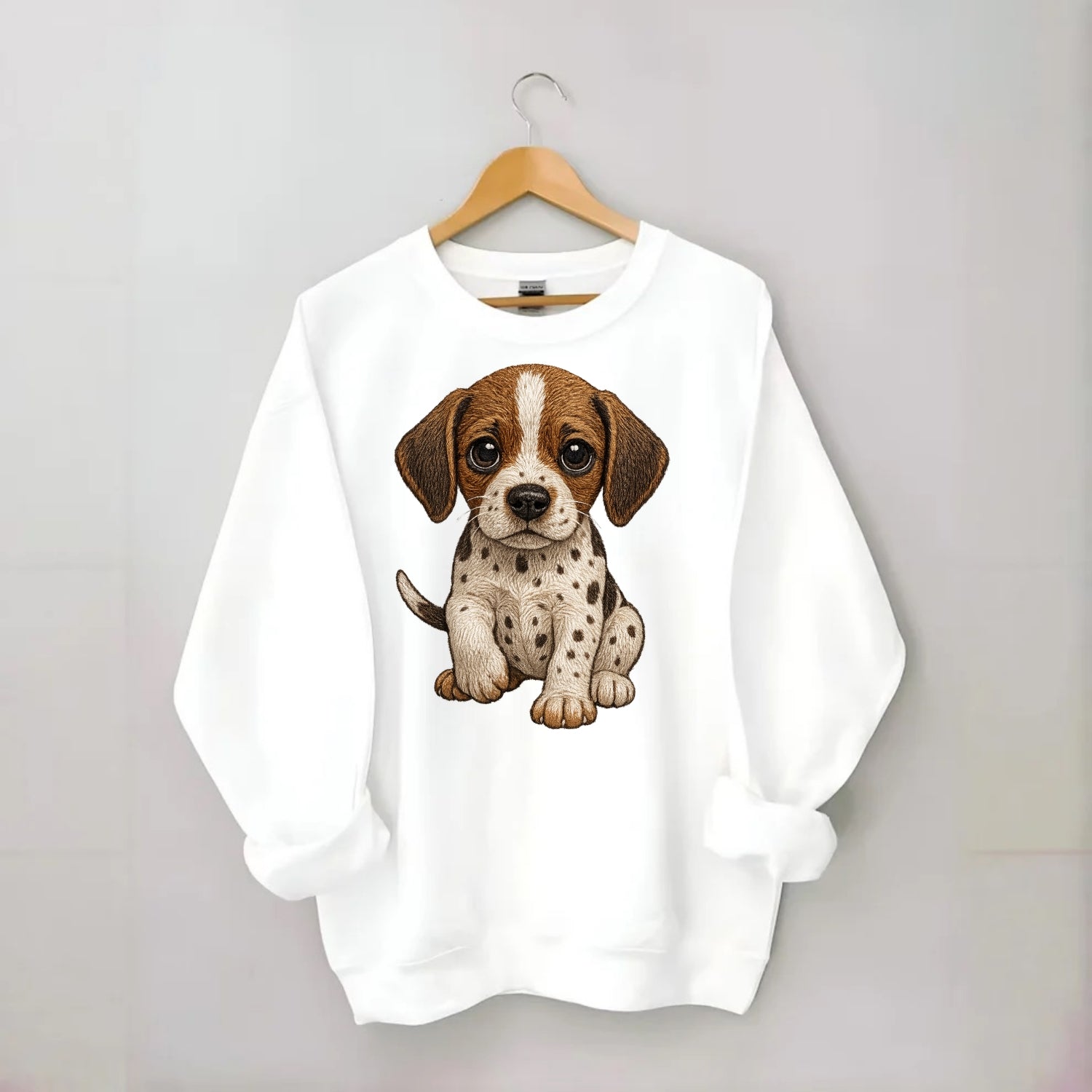 Baby Pointer Puppy - spotted coat, noble stance, alert eyes, front-facing, - Crewneck Sweatshirt - white