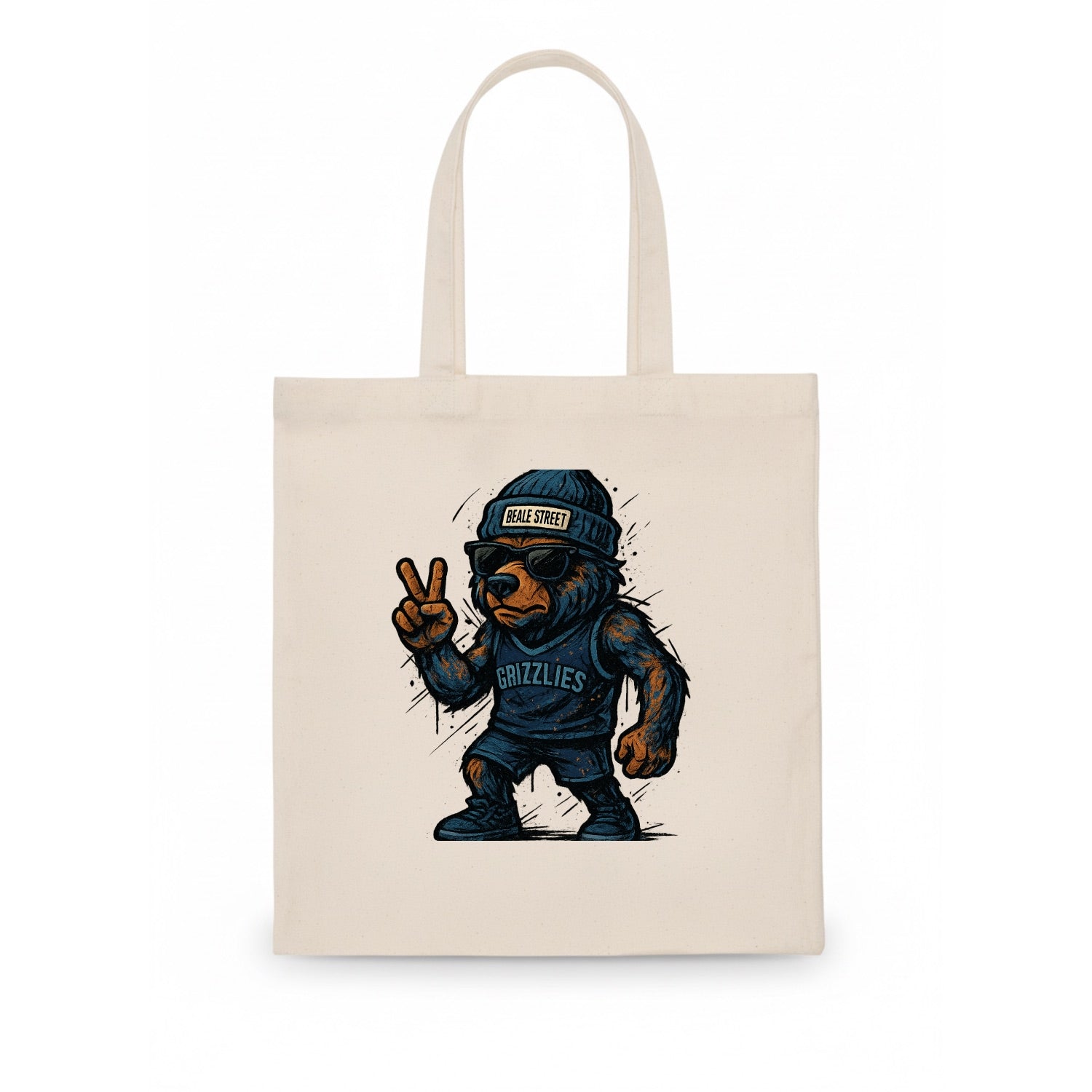 Memphis Grizzly Bear wearing Grizzlies navy and light blue beanie with Beale Street - Tote Bag - white