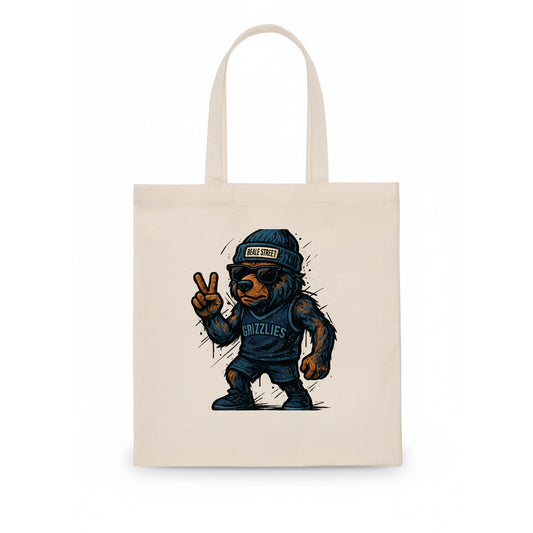Memphis Grizzly Bear wearing Grizzlies navy and light blue beanie with Beale Street - Tote Bag - white