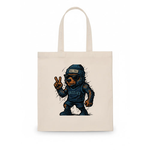 Memphis Grizzly Bear wearing Grizzlies navy and light blue beanie with Beale Street - Tote Bag