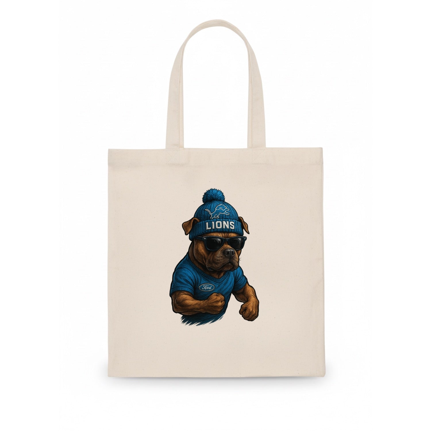 Detroit Pitbull wearing Lions beanie with auto patch and wayfarer sunglasses - Tote Bag - white