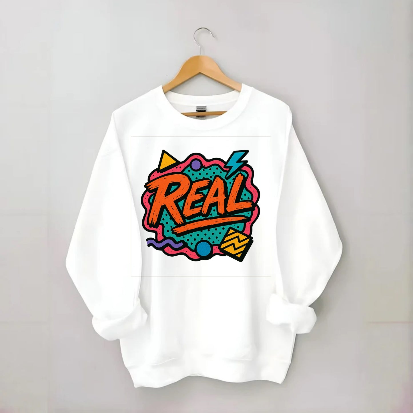Imperfect brush strokes spelling "Real" - authenticity over perfection, raw - Crewneck Sweatshirt - white