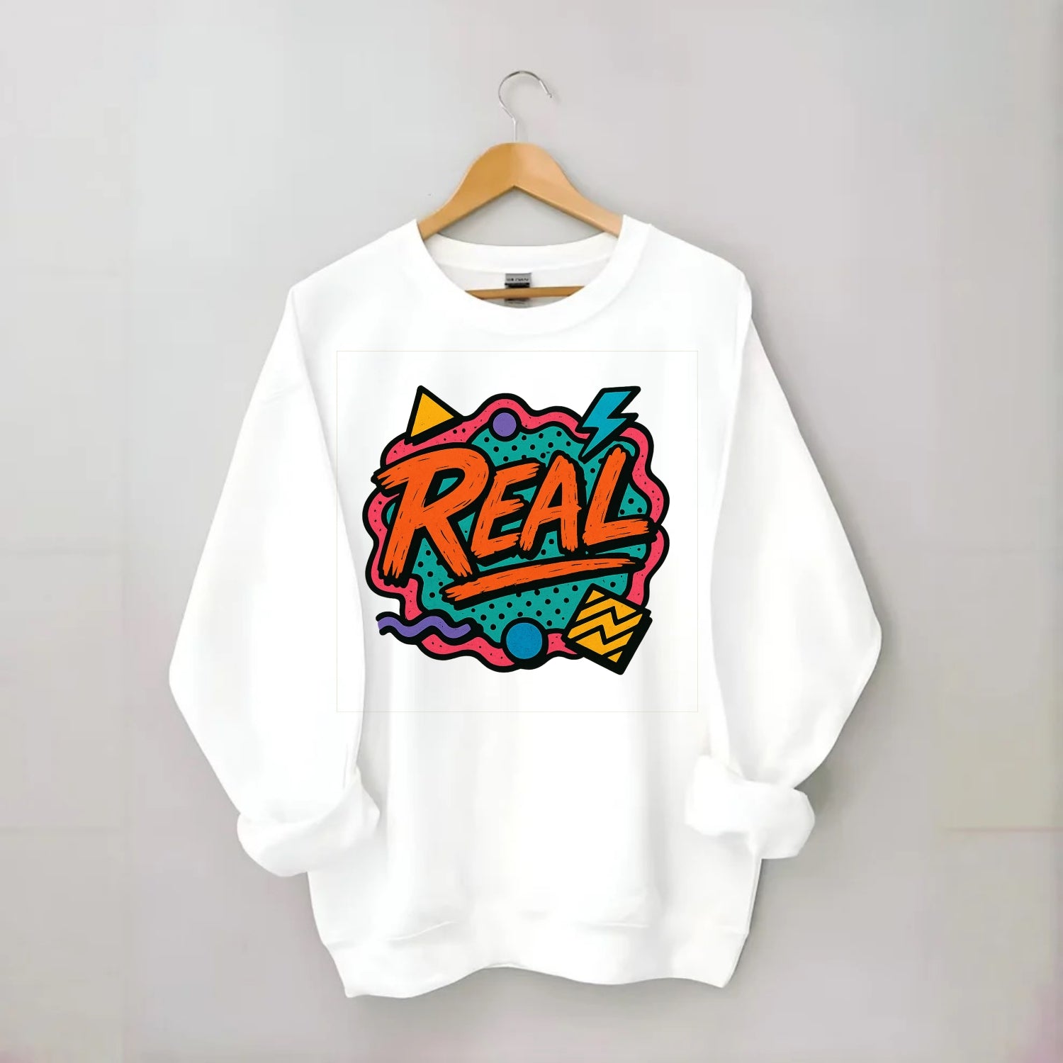 Imperfect brush strokes spelling "Real" - authenticity over perfection, raw - Crewneck Sweatshirt - white