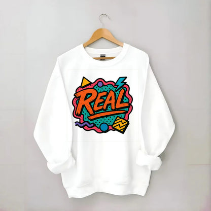 Imperfect brush strokes spelling "Real" - authenticity over perfection, raw - Crewneck Sweatshirt - white