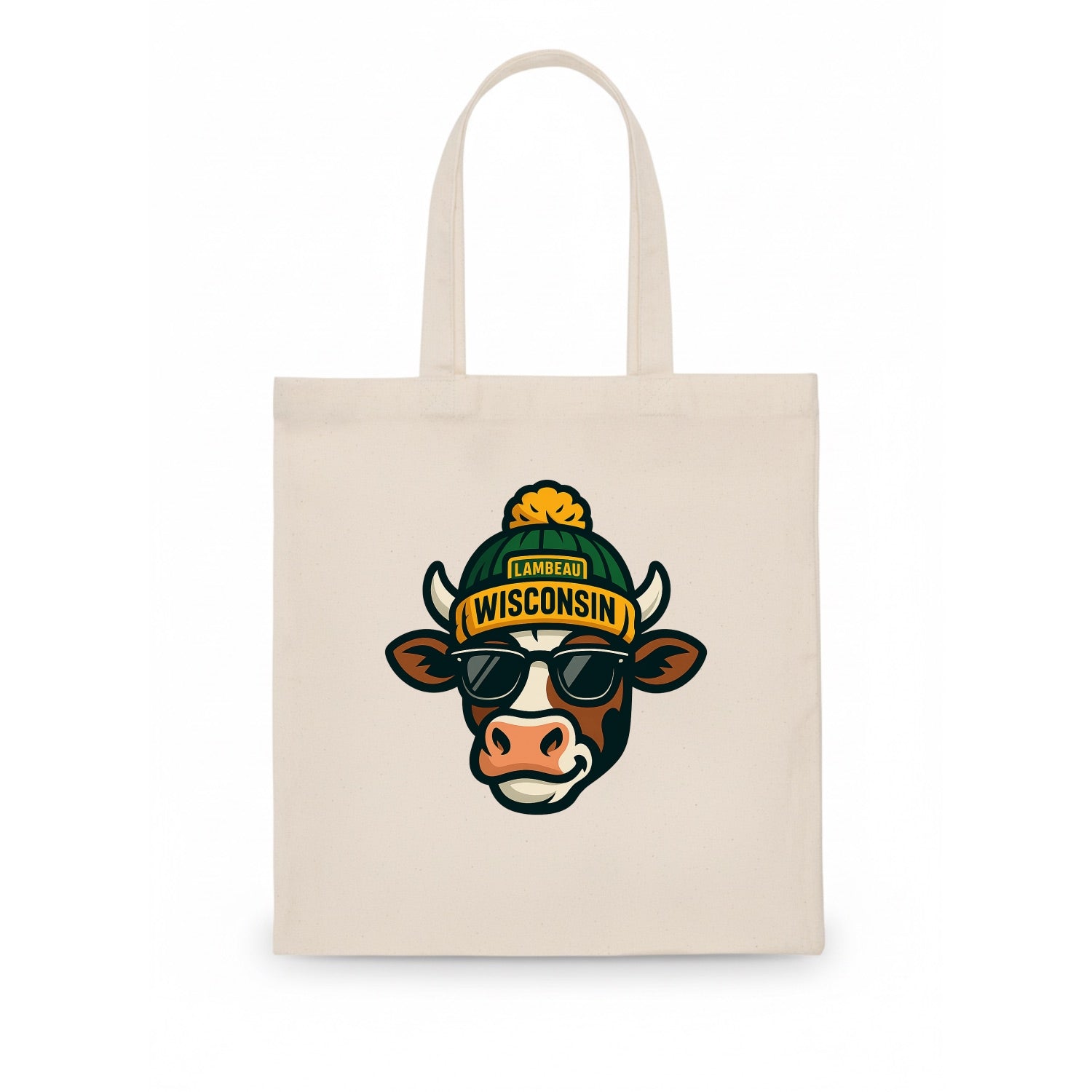 Wisconsin Cow wearing Packers beanie with Lambeau patch and wayfarer sunglasses - Tote Bag - white