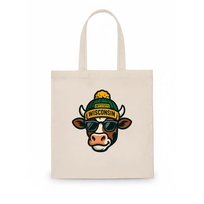 Wisconsin Cow wearing Packers beanie with Lambeau patch and wayfarer sunglasses - Tote Bag - white