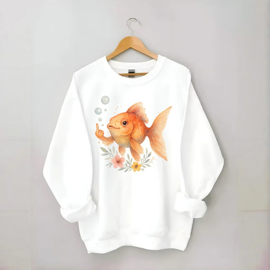 chubby goldfish blowing bubbles, one fin extended like middle finger - Crewneck Sweatshirt - white