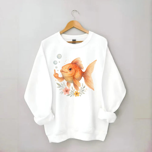chubby goldfish blowing bubbles, one fin extended like middle finger - Crewneck Sweatshirt