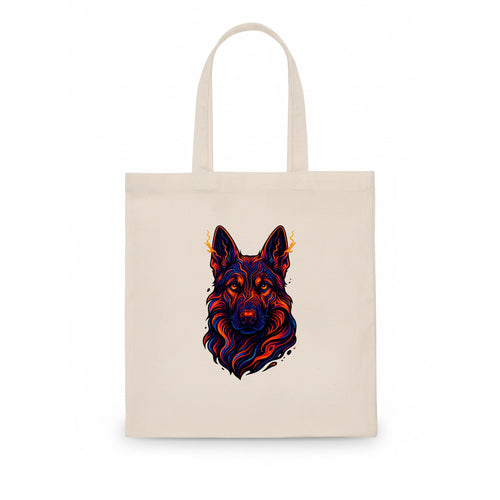 Alert German Shepherd with cyber circuit patterns in the fur, neon orange and black - Tote Bag
