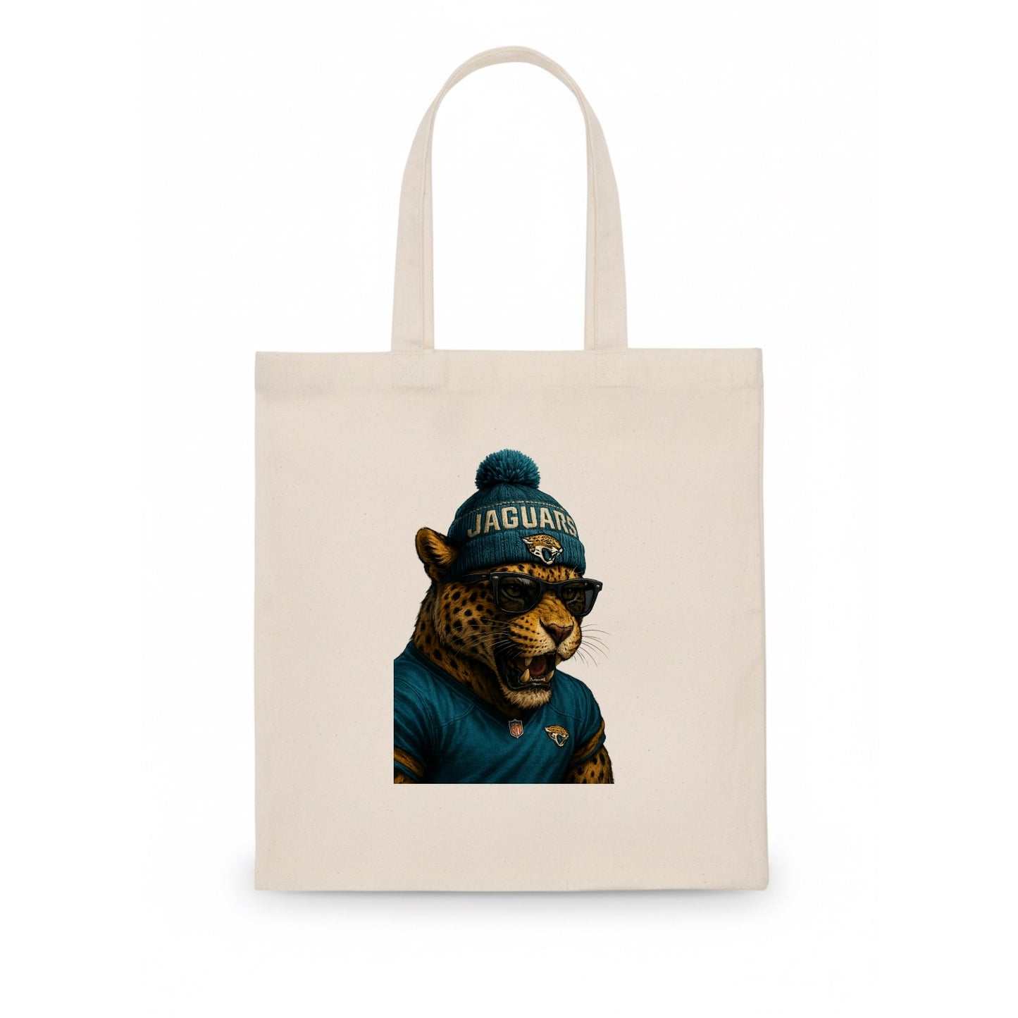 Jacksonville Jaguar wearing Jaguars teal and gold beanie with pom pom and wayfarer - Tote Bag - white