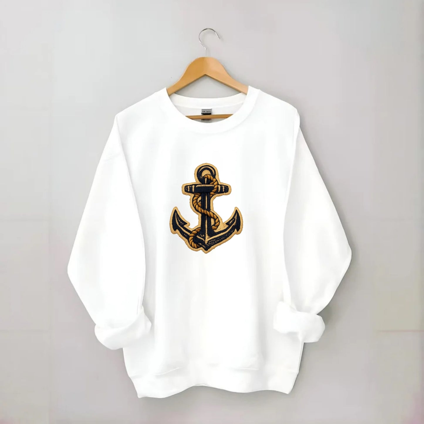 ANCHOR ROPE - classic anchor with rope in navy and gold , sailor - Crewneck Sweatshirt - white