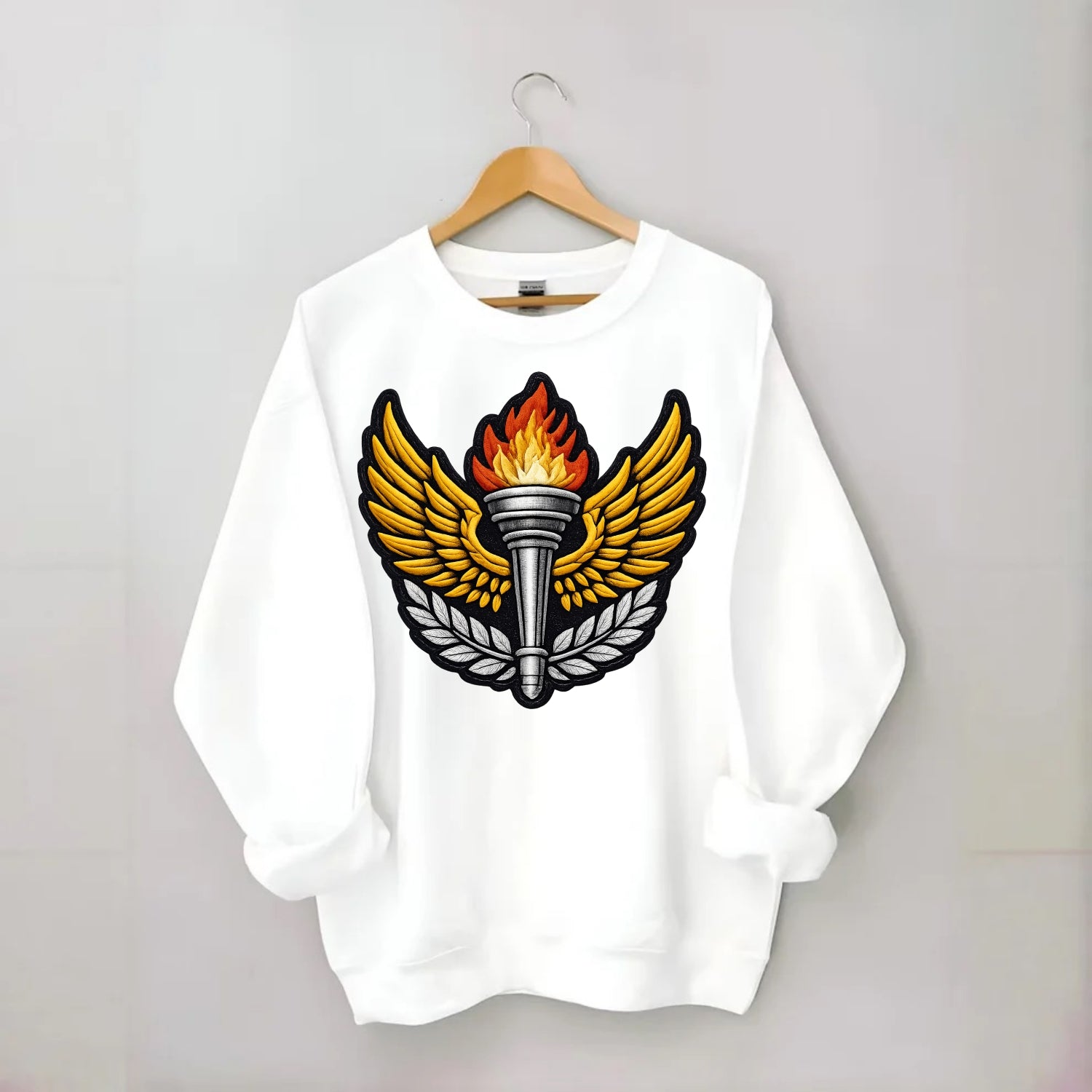 Embroidered patch design - TRACK AND FIELD TORCH - Olympic style torch with - Crewneck Sweatshirt - white