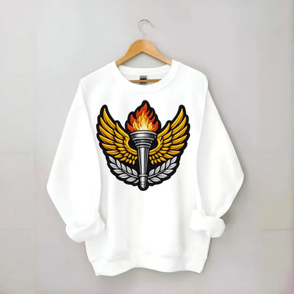Embroidered patch design - TRACK AND FIELD TORCH - Olympic style torch with - Crewneck Sweatshirt - white