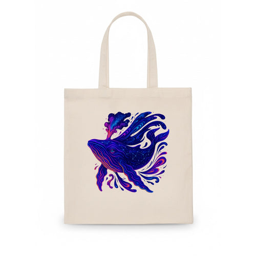 Majestic whale with body composed of galaxy clusters, stellar fins flowing like cosmic - Tote Bag