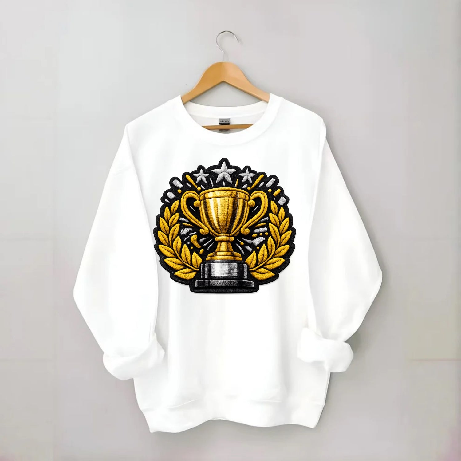 Embroidered patch design - CHAMPIONSHIP TROPHY - golden trophy cup with - Crewneck Sweatshirt - white
