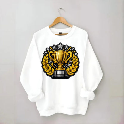 Embroidered patch design - CHAMPIONSHIP TROPHY - golden trophy cup with - Crewneck Sweatshirt - white