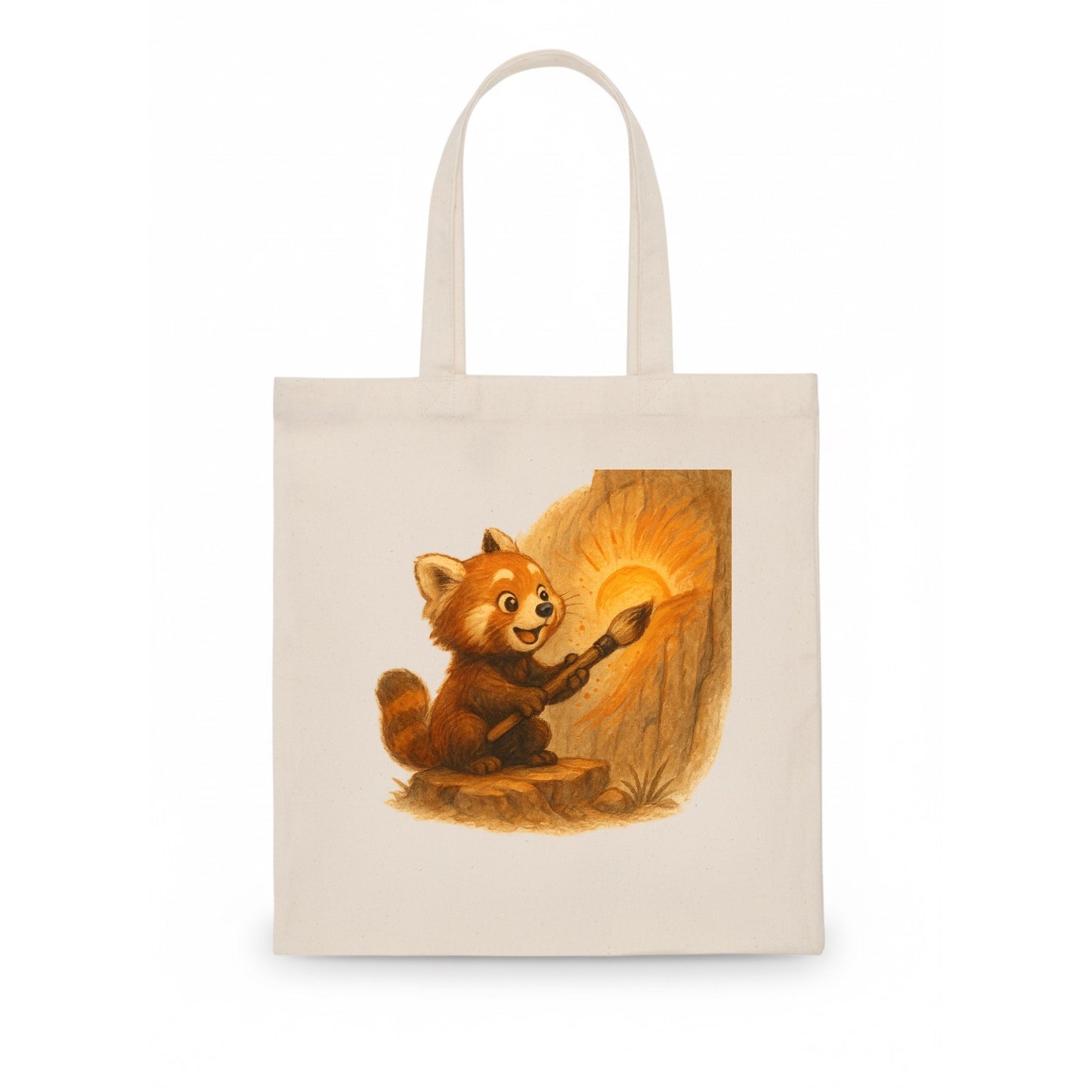 Red panda painting a sunrise mural with an oversized calligraphy brush on a cliff wall - Tote Bag - white
