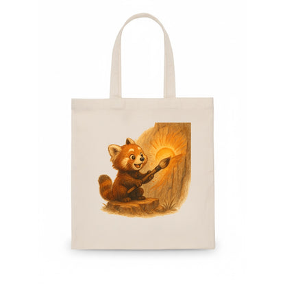 Red panda painting a sunrise mural with an oversized calligraphy brush on a cliff wall - Tote Bag - white