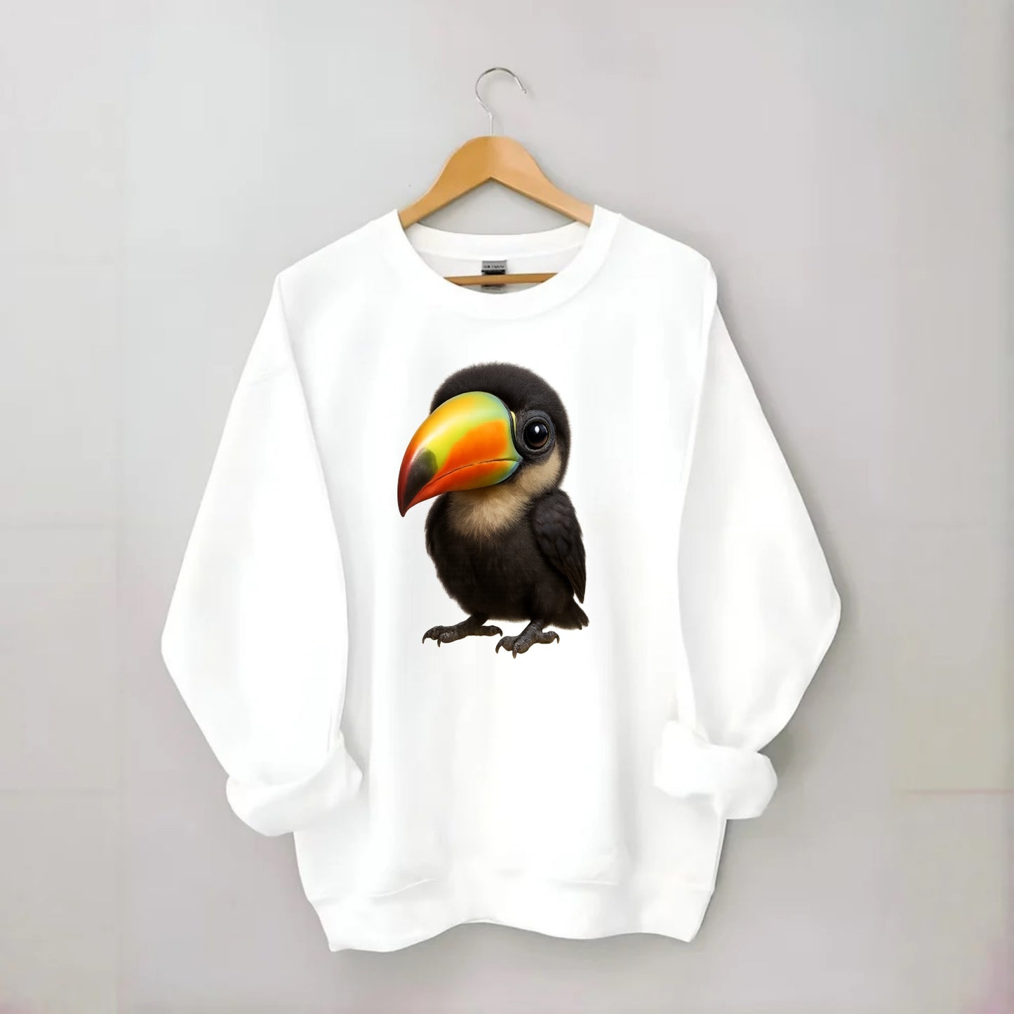Baby Toucan - oversized colorful beak, black feathers, bright eyes, - Crewneck Sweatshirt - white