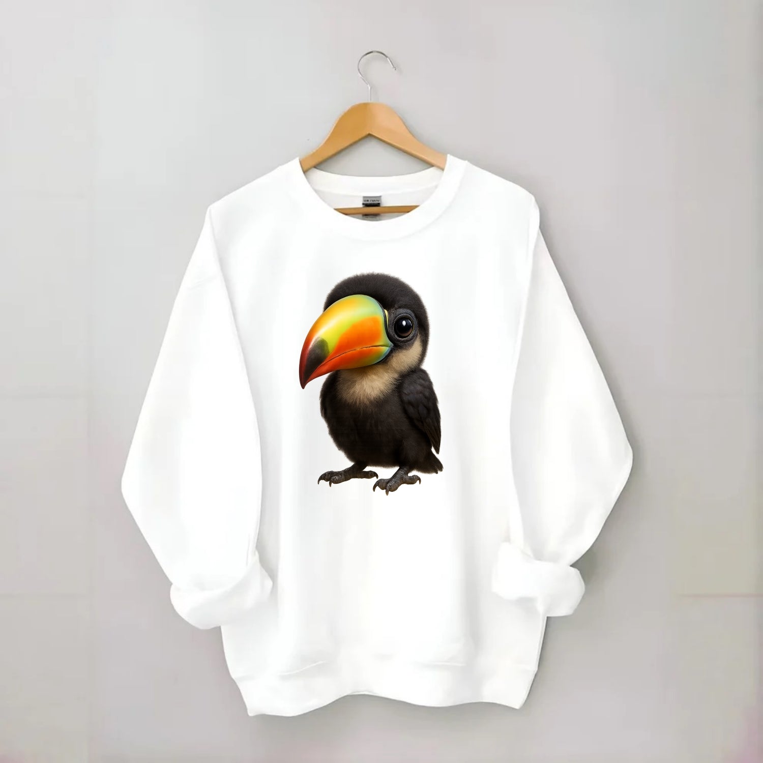 Baby Toucan - oversized colorful beak, black feathers, bright eyes, - Crewneck Sweatshirt - white