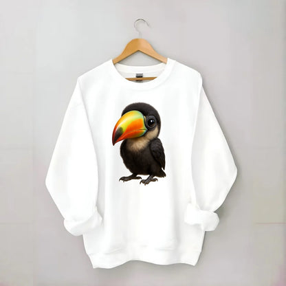 Baby Toucan - oversized colorful beak, black feathers, bright eyes, - Crewneck Sweatshirt - white