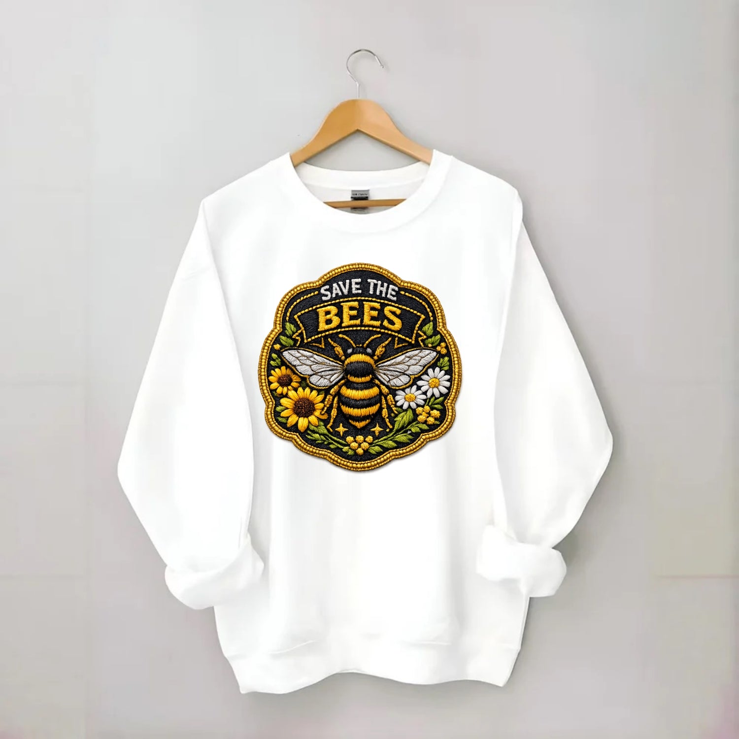 SAVE THE BEES - bee with flowers in yellow , pollinator protection - Crewneck Sweatshirt - white