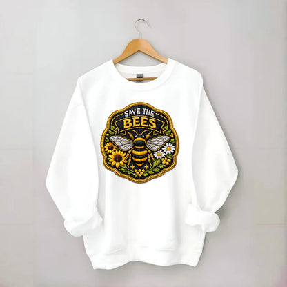 SAVE THE BEES - bee with flowers in yellow , pollinator protection - Crewneck Sweatshirt - white