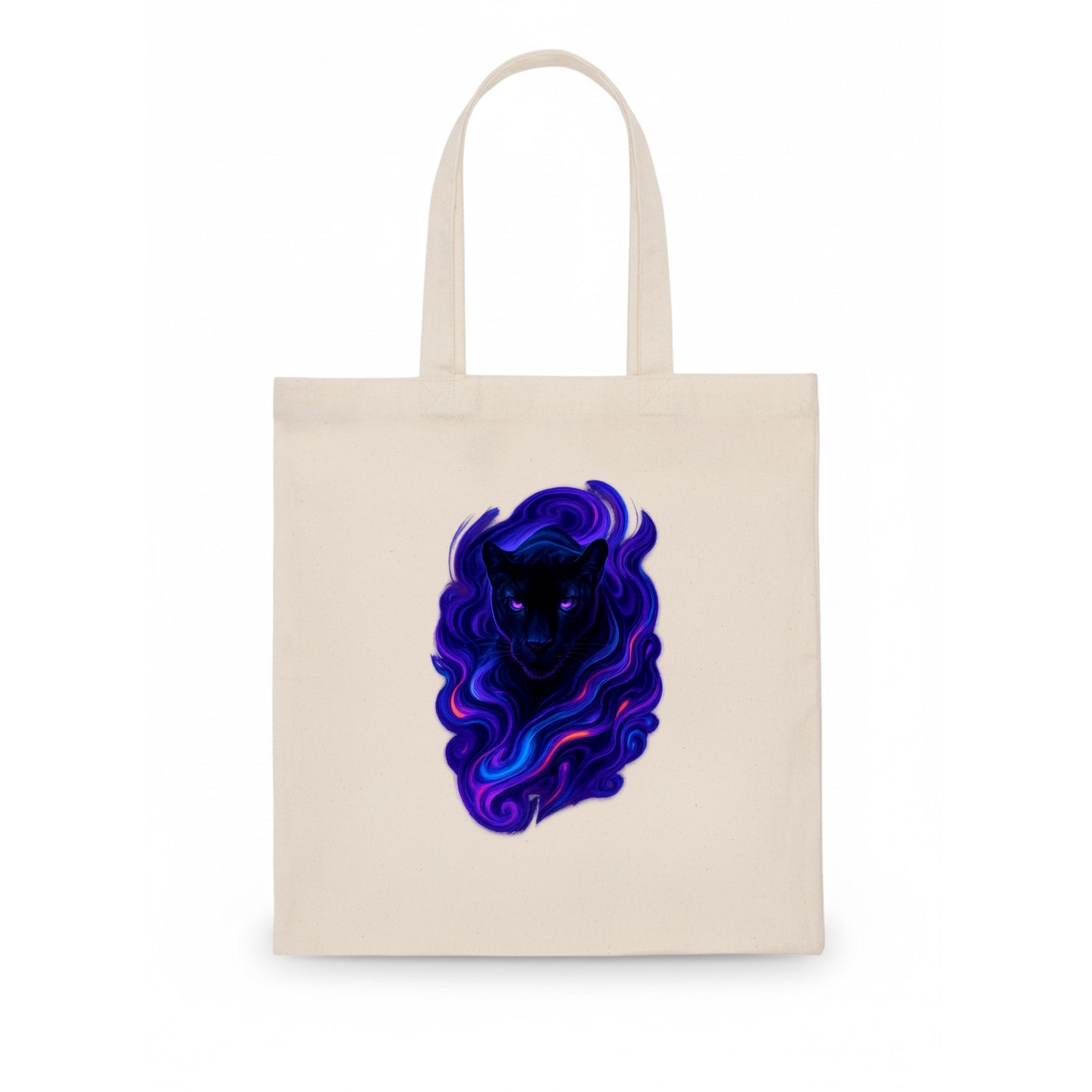 Sleek black panther emerging from swirls of deep purple and electric blue, shadow-like - Tote Bag - white