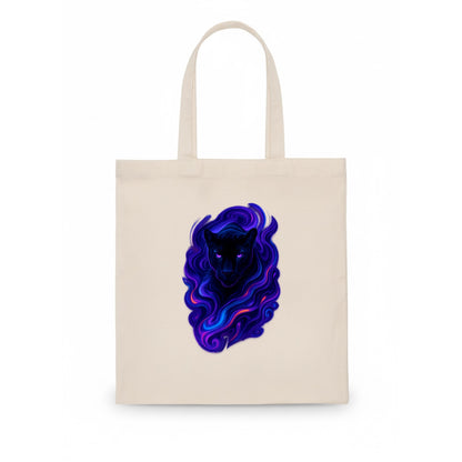 Sleek black panther emerging from swirls of deep purple and electric blue, shadow-like - Tote Bag - white