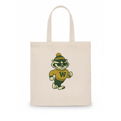 Wisconsin Badger wearing Packers green and gold beanie with pom pom and wayfarer - Tote Bag - white