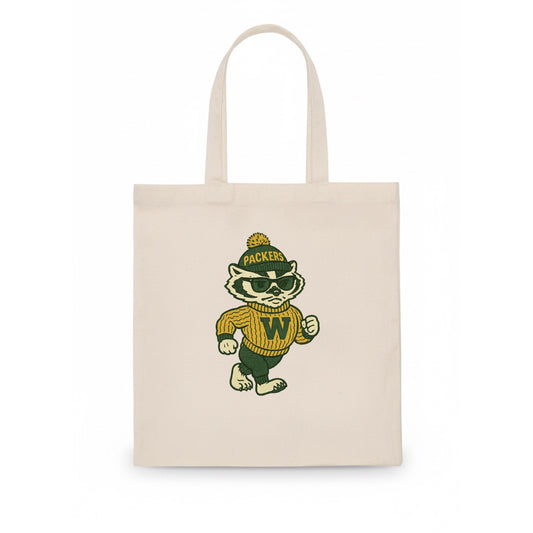 Wisconsin Badger wearing Packers green and gold beanie with pom pom and wayfarer - Tote Bag - white