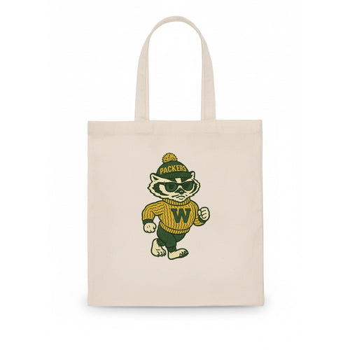 Wisconsin Badger wearing Packers green and gold beanie with pom pom and wayfarer - Tote Bag