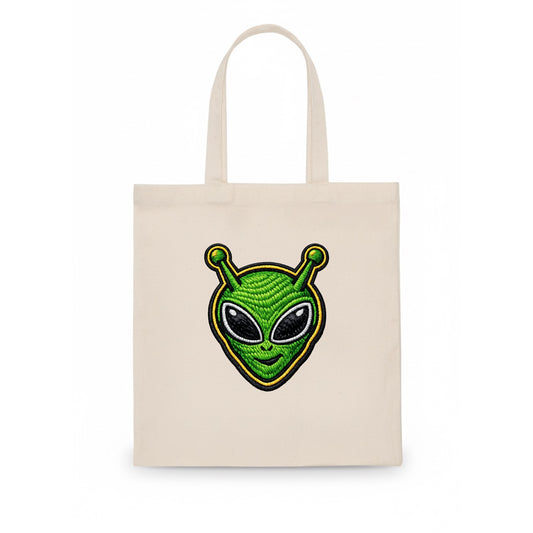 ALIEN MARTIAN - green alien with antenna in green , little green man - Tote Bag - white