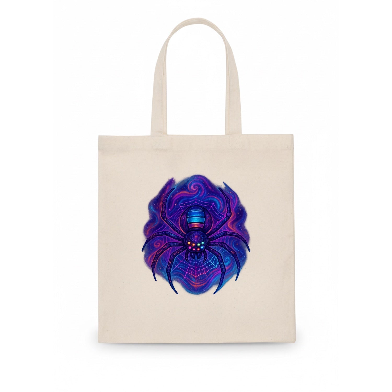 Tech spider with legs showing circuit board patterns, web glowing in neon grid lines, - Tote Bag - white