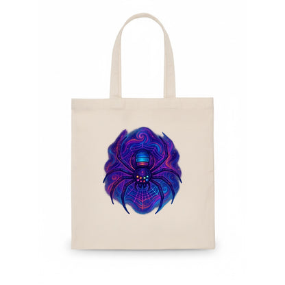 Tech spider with legs showing circuit board patterns, web glowing in neon grid lines, - Tote Bag - white