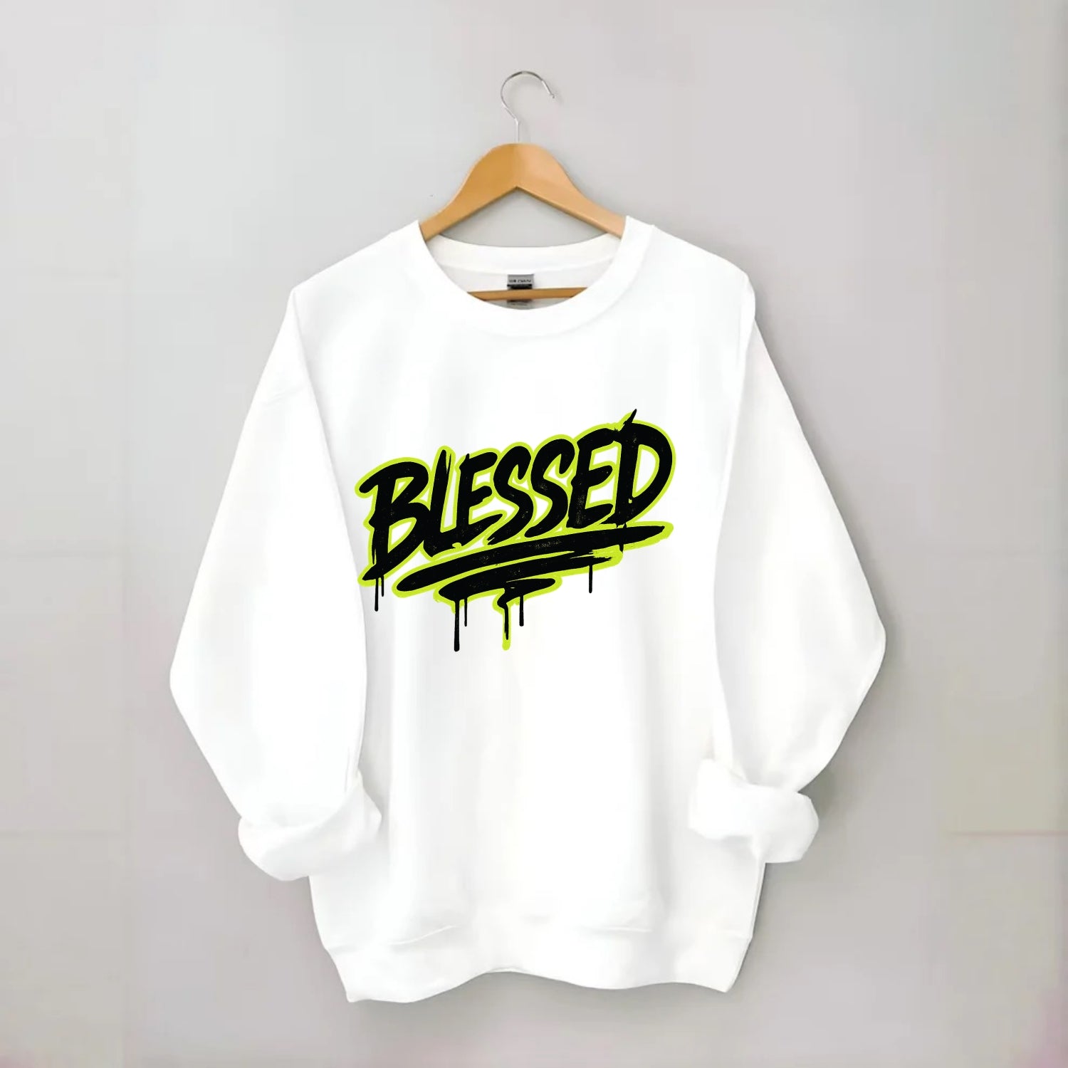 Bold typography design - "BLESSED" - recognizing good fortune, abundance - Crewneck Sweatshirt - white