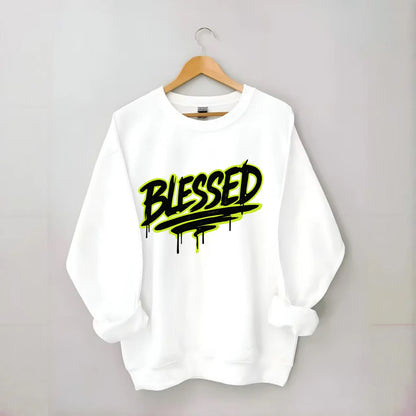Bold typography design - "BLESSED" - recognizing good fortune, abundance - Crewneck Sweatshirt - white