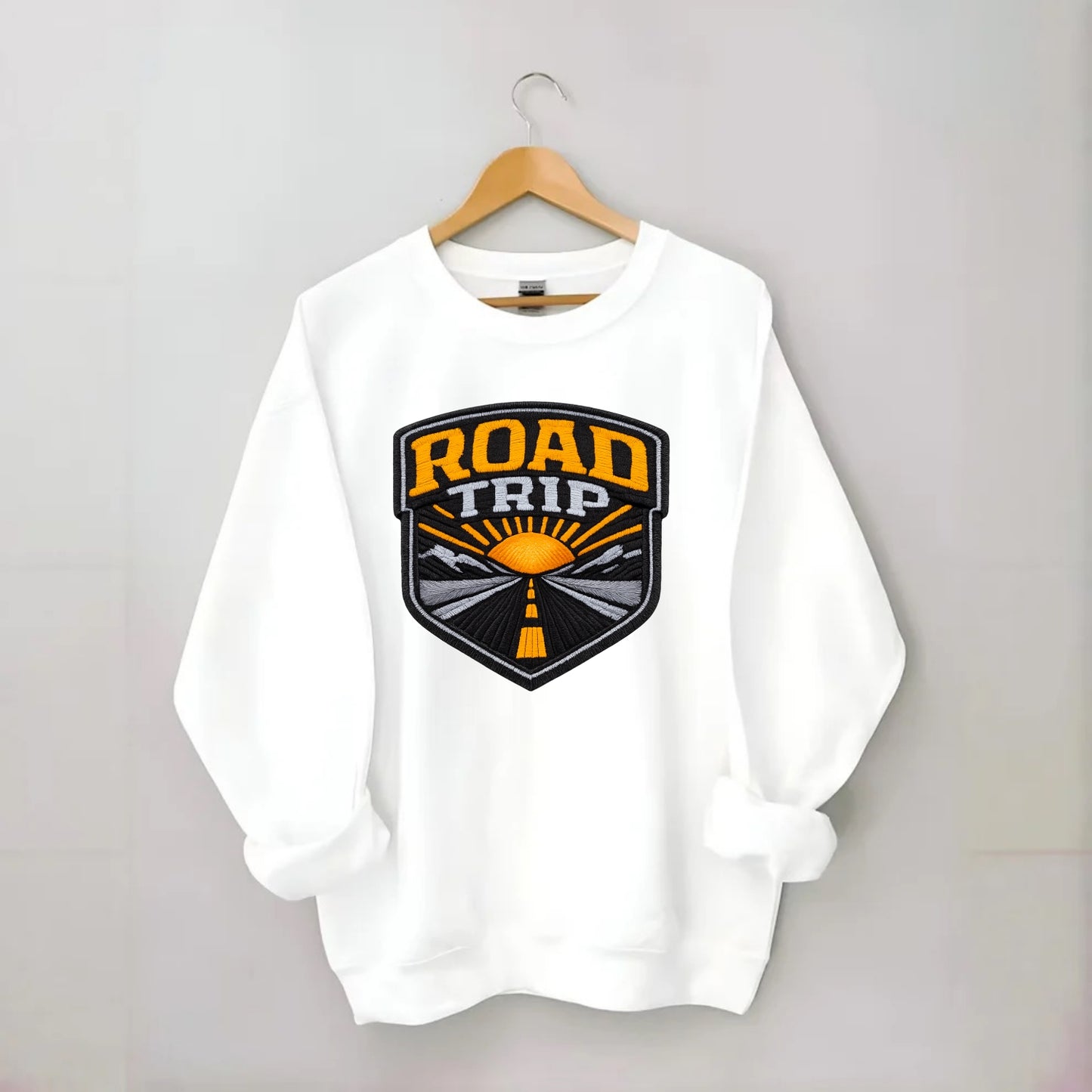 ROAD TRIP - highway and sun in orange and gray , open road - Crewneck Sweatshirt - white