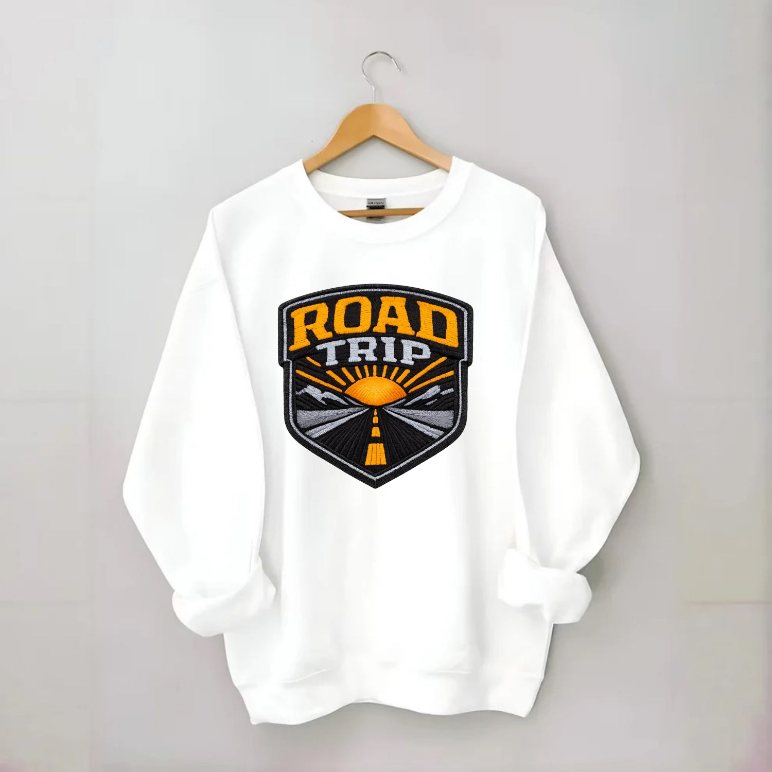 ROAD TRIP - highway and sun in orange and gray , open road - Crewneck Sweatshirt - white