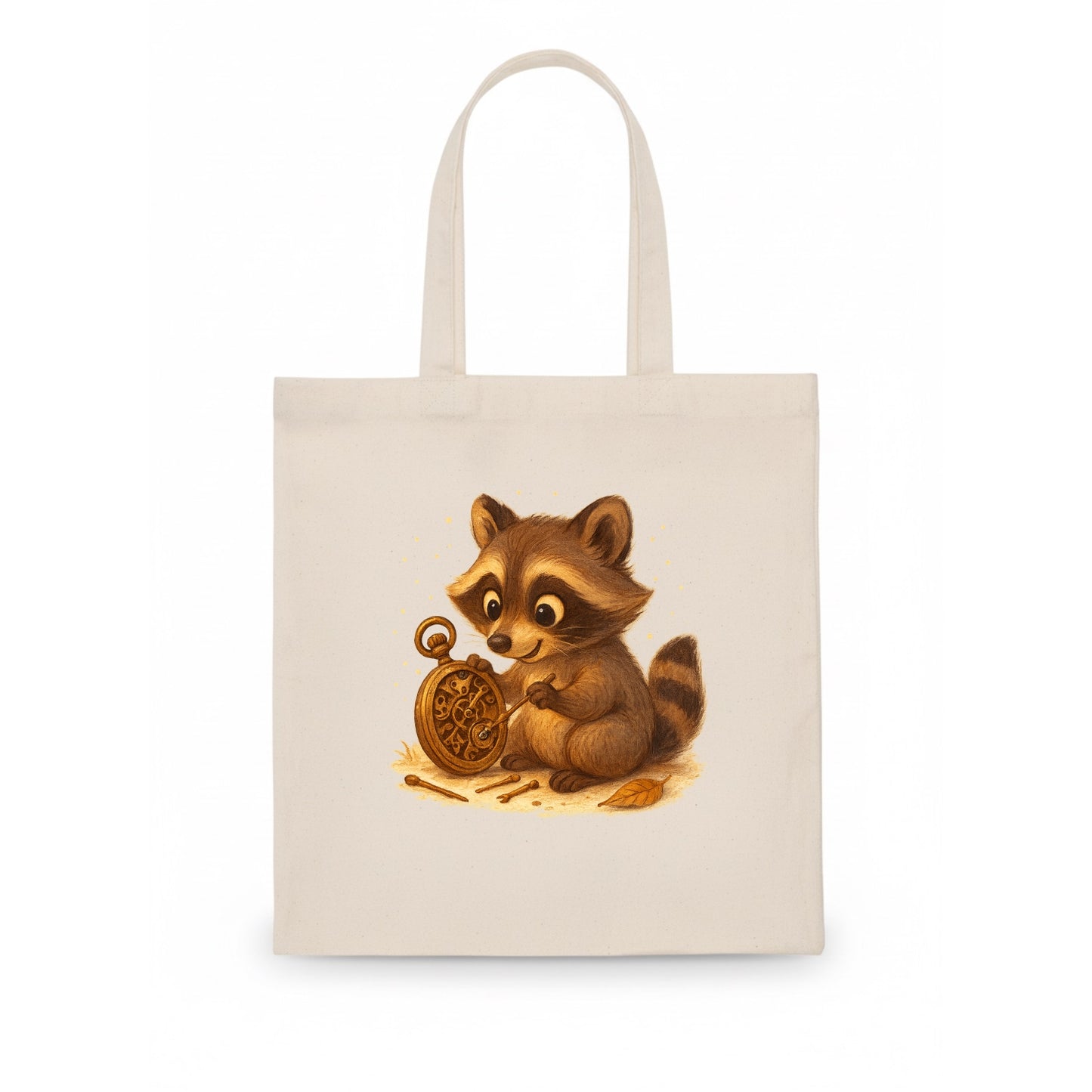 Raccoon tinkering with a steampunk pocket watch using tiny brass tools - Tote Bag - white