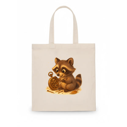 Raccoon tinkering with a steampunk pocket watch using tiny brass tools - Tote Bag - white