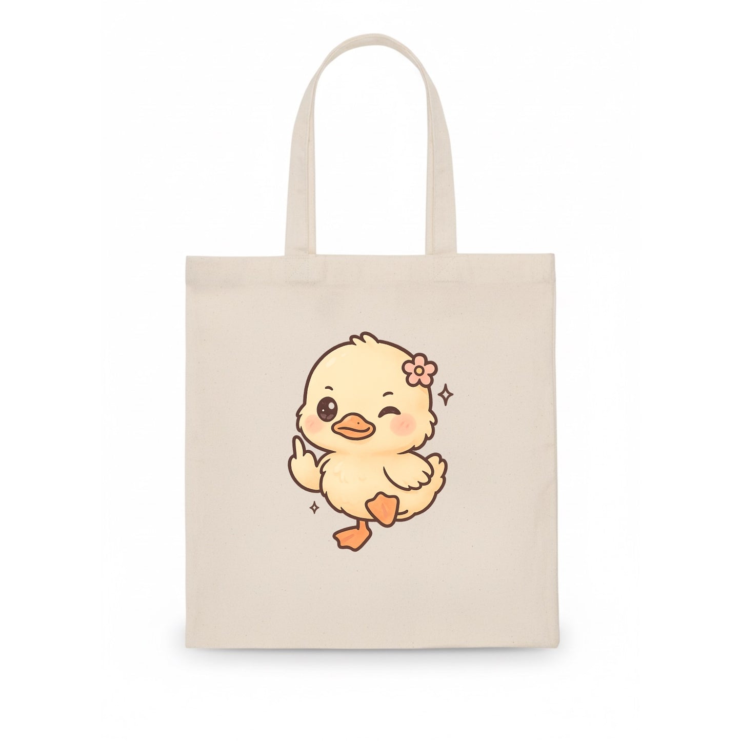 fluffy baby duck with small flower, one webbed foot raised sassily - Tote Bag - white
